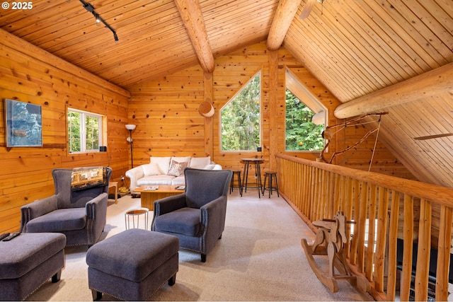 93011 Labeck Rd, Astoria, OR 97103 - living area featuring wooden ceiling, wood walls, and carpet