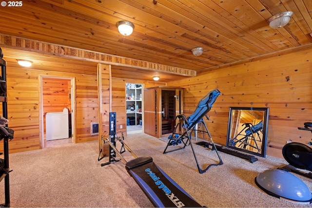 93011 Labeck Rd, Astoria, OR 97103 - workout area with carpet, wooden ceiling, and wood walls