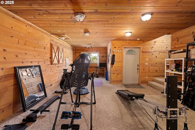 93011 Labeck Rd, Astoria, OR 97103 - exercise area featuring wood ceiling, carpet floors, and wood walls