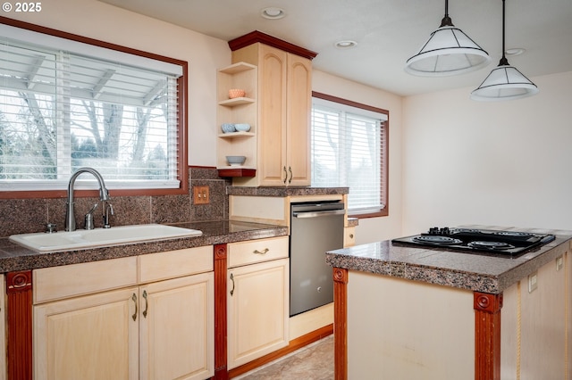 kitchen with sink, light brown cabinetry, decorative light fixtures, black gas stovetop, and stainless steel dishwasher