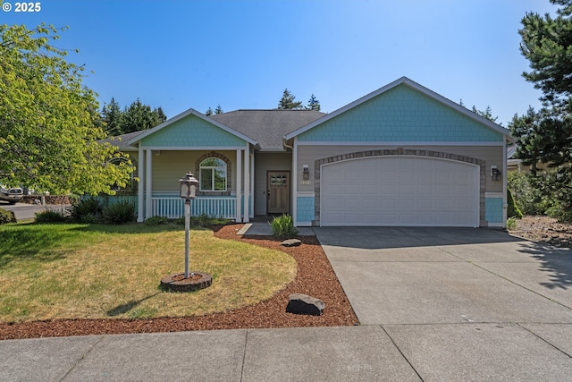 1249 Zebrawood St, Florence, OR 97439 - ranch-style house featuring a garage, concrete driveway, a front yard, and covered porch
