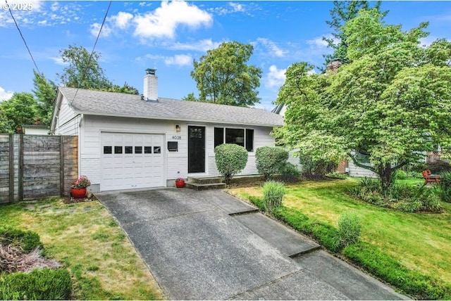 4038 NE Multnomah St, Portland, OR 97232 - ranch-style house with concrete driveway, a chimney, and a garage