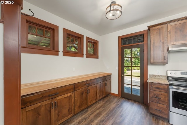2517 Wild River Dr, Roseburg, OR 97470 - kitchen with dark wood-style flooring, electric stove, baseboards, under cabinet range hood, and glass insert cabinets
