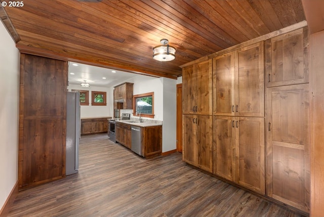 2517 Wild River Dr, Roseburg, OR 97470 - kitchen featuring a sink, light countertops, dark wood finished floors, stainless steel appliances, and wood ceiling