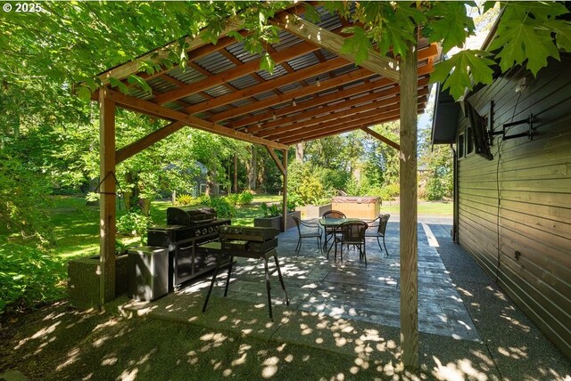 2517 Wild River Dr, Roseburg, OR 97470 - view of patio with outdoor dining space, a hot tub, and grilling area