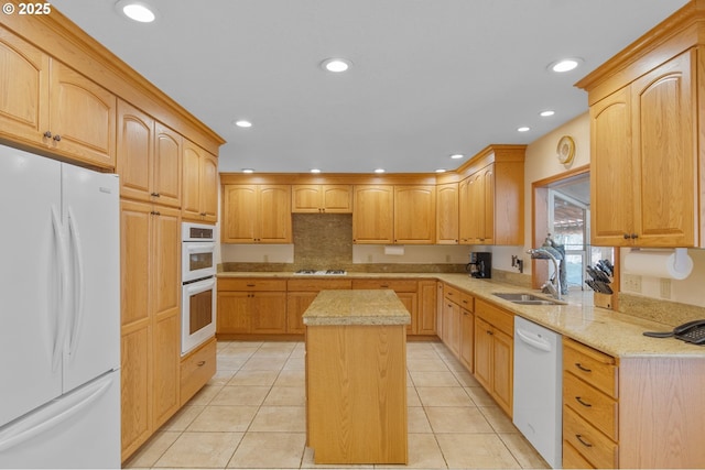 950 N Shasta Way, Clatskanie, OR 97016 - kitchen with white appliances, a sink, a center island, light tile patterned floors, and recessed lighting