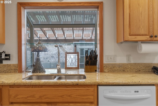 950 N Shasta Way, Clatskanie, OR 97016 - kitchen featuring white dishwasher, a sink, light stone counters, and light brown cabinetry