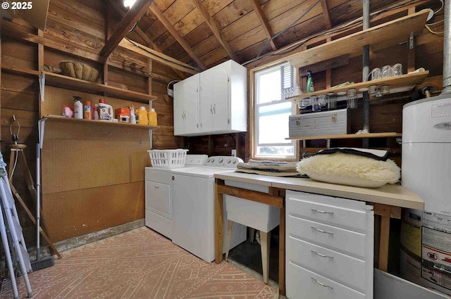 1335 Centennial Blvd, Springfield, OR 97477 - washroom featuring wooden ceiling, cabinet space, wood walls, washer and clothes dryer, and water heater