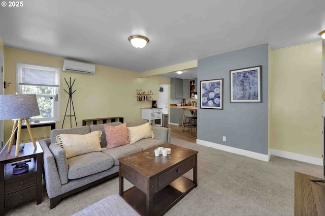 1335 Centennial Blvd, Springfield, OR 97477 - living room featuring a wall mounted air conditioner, light carpet, and baseboards