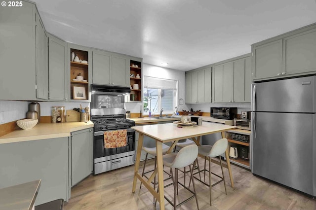 1335 Centennial Blvd, Springfield, OR 97477 - kitchen featuring appliances with stainless steel finishes, open shelves, under cabinet range hood, and gray cabinetry