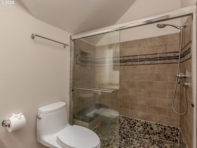 13200 NW Old Germantown Rd, Portland, OR 97035 - bathroom featuring toilet, a stall shower, and vaulted ceiling