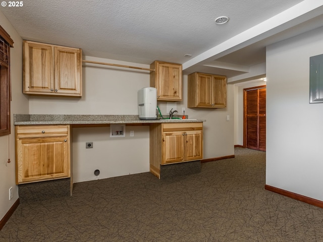 13200 NW Old Germantown Rd, Portland, OR 97035 - kitchen featuring dark colored carpet, baseboards, a sink, and a textured ceiling