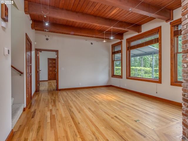 13200 NW Old Germantown Rd, Portland, OR 97035 - spare room featuring wooden ceiling with exposed beams, light wood-style flooring, stairway, and baseboards