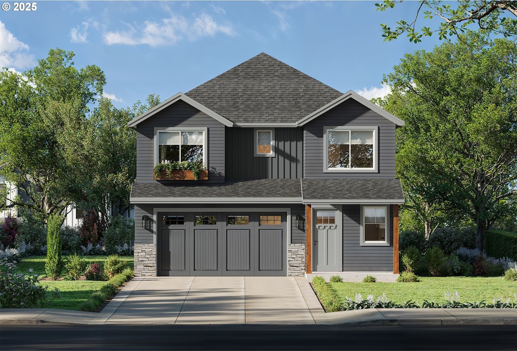838 NE 17th Ave, Canby, OR 97013 - view of front facade featuring roof with shingles, a garage, concrete driveway, and stone siding