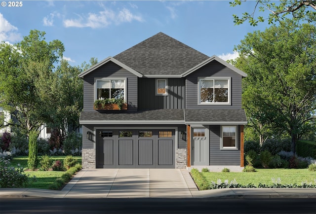 838 NE 17th Ave, Canby, OR 97013 - view of front facade featuring roof with shingles, a garage, concrete driveway, and stone siding