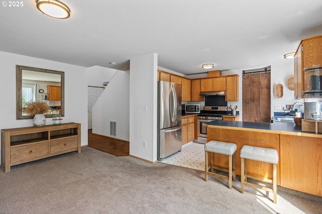 15205 NE 47th St, Vancouver, WA 98682 - kitchen featuring appliances with stainless steel finishes, under cabinet range hood, a peninsula, light carpet, and a barn door