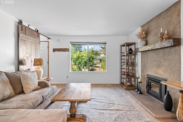 15205 NE 47th St, Vancouver, WA 98682 - living room with a barn door, carpet flooring, and a large fireplace