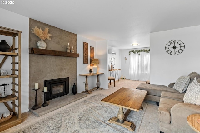 15205 NE 47th St, Vancouver, WA 98682 - living room featuring a wall mounted AC, a large fireplace, and carpet flooring
