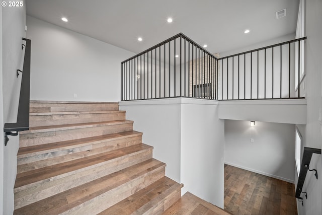 1908 50th St, Washougal, WA 98671 - stairs featuring hardwood / wood-style floors and recessed lighting
