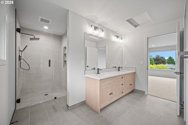 1908 50th St, Washougal, WA 98671 - full bath featuring double vanity, a stall shower, tile patterned flooring, and recessed lighting