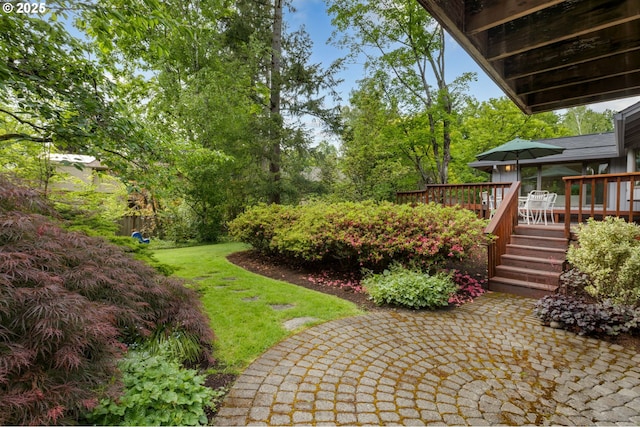 view of yard featuring a deck and a patio area