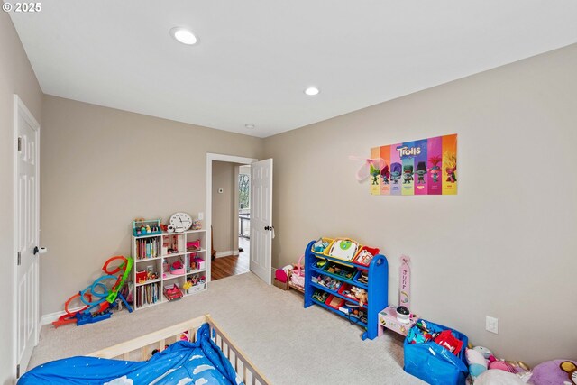game room with recessed lighting, baseboards, and carpet floors