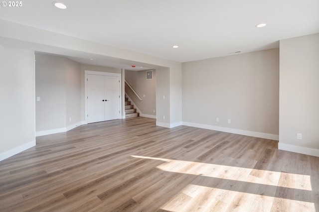 414 Hedin Ter, Gaston, OR 97119 - empty room featuring stairs, recessed lighting, baseboards, and light wood-style flooring