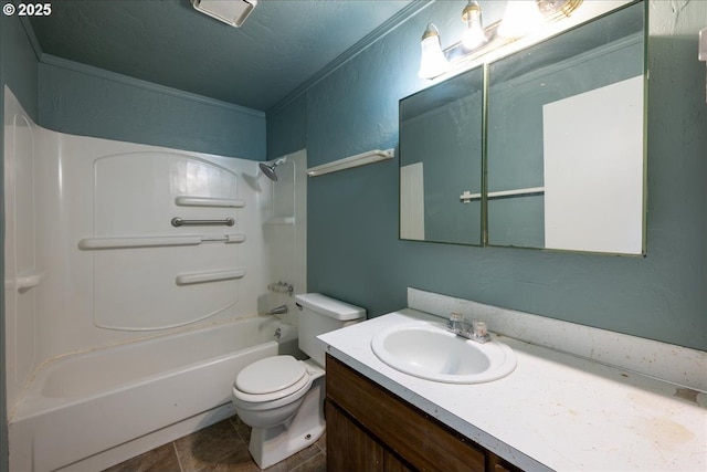 full bathroom featuring vanity, crown molding, toilet, a textured ceiling, and tub / shower combination