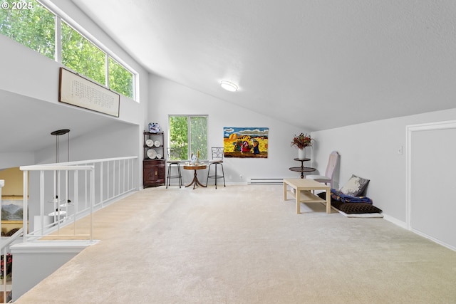 10137 SW Trapper Ter, Beaverton, OR 97008 - living area with lofted ceiling, carpet flooring, and baseboard heating