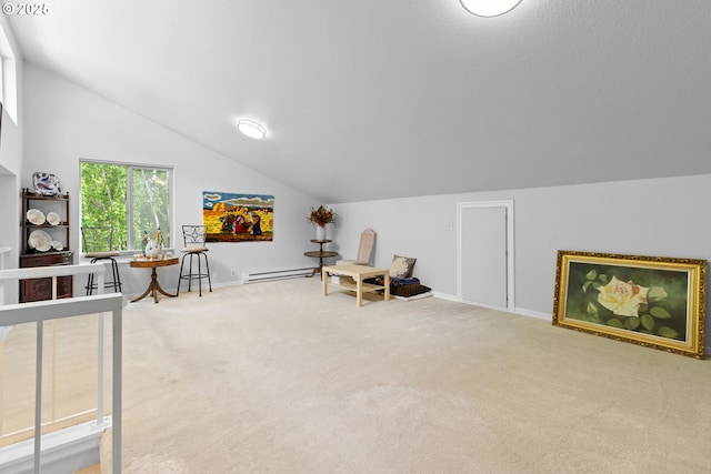 10137 SW Trapper Ter, Beaverton, OR 97008 - living area with lofted ceiling, carpet floors, and a baseboard radiator