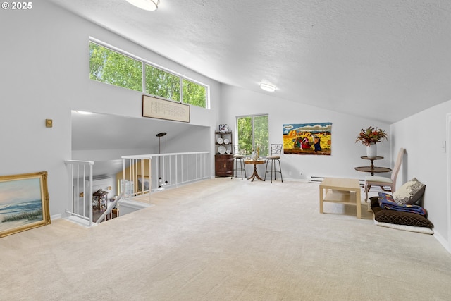 10137 SW Trapper Ter, Beaverton, OR 97008 - living room with carpet flooring, a textured ceiling, high vaulted ceiling, and a baseboard heating unit
