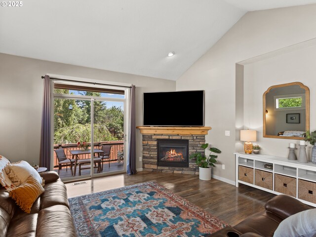 5703 SE 10th St, Gresham, OR 97080 - living area with wood finished floors, a fireplace, recessed lighting, and high vaulted ceiling