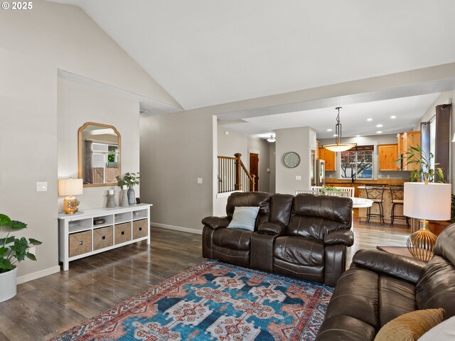 5703 SE 10th St, Gresham, OR 97080 - living room featuring dark wood-type flooring, recessed lighting, stairs, and high vaulted ceiling