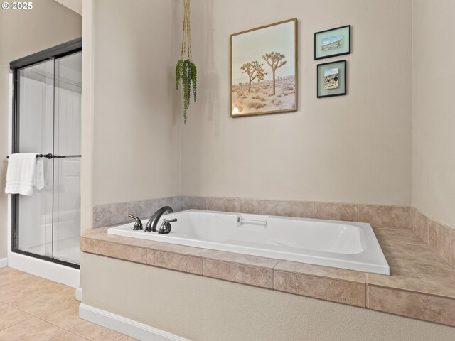 5703 SE 10th St, Gresham, OR 97080 - bathroom with a bath, a stall shower, and tile patterned floors