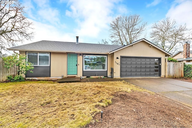 single story home with driveway, a shingled roof, an attached garage, fence, and a front lawn