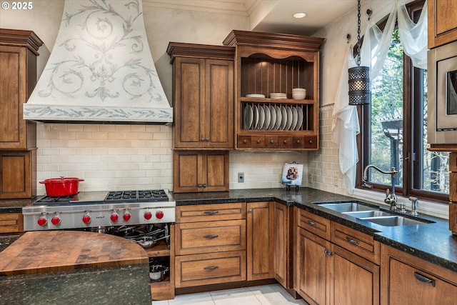 325 Rio Vista Dr, White Salmon, WA 98672 - kitchen featuring custom exhaust hood, brown cabinets, a sink, and open shelves