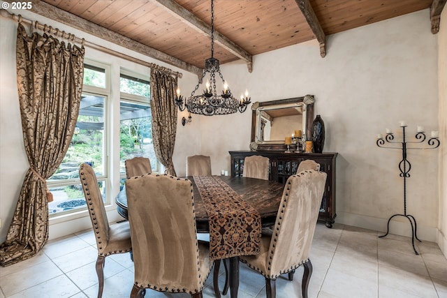 325 Rio Vista Dr, White Salmon, WA 98672 - dining space with wooden ceiling, beamed ceiling, a notable chandelier, and light tile patterned floors