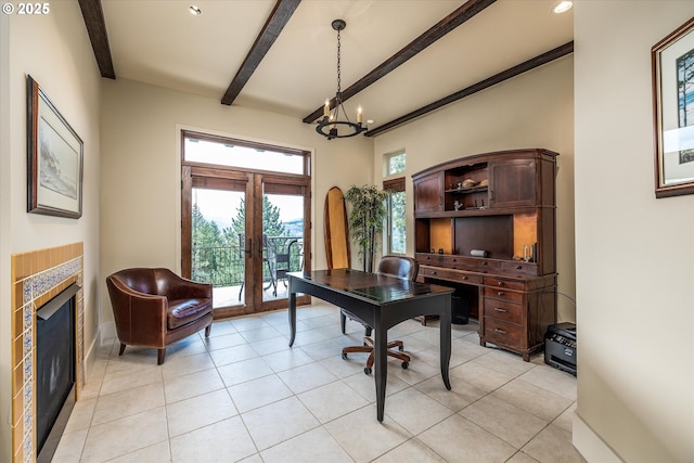 325 Rio Vista Dr, White Salmon, WA 98672 - office with beamed ceiling, light tile patterned flooring, a tiled fireplace, french doors, and a notable chandelier