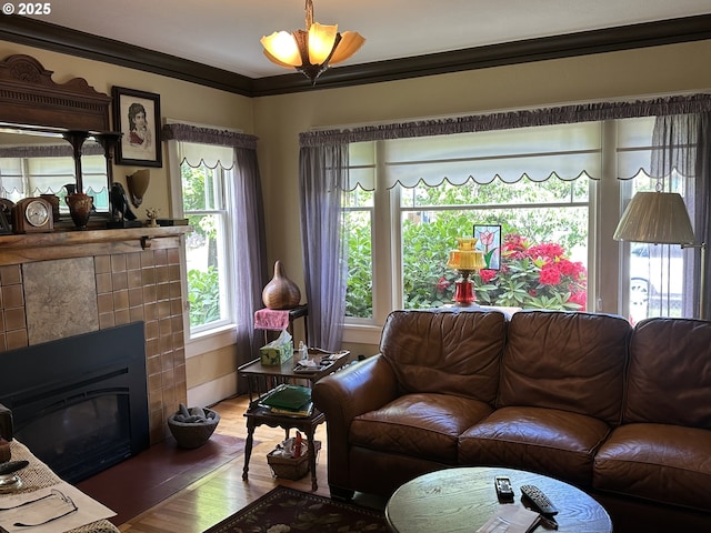 45 S 12th St, Cottage Grove, OR 97424 - living area with crown molding, wood finished floors, and a tiled fireplace