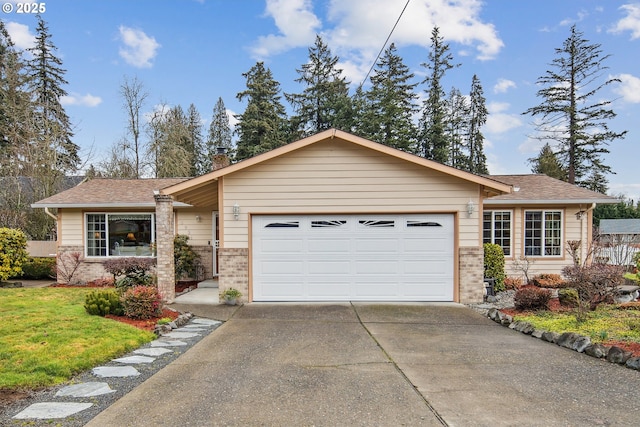 ranch-style house with a garage and a front yard