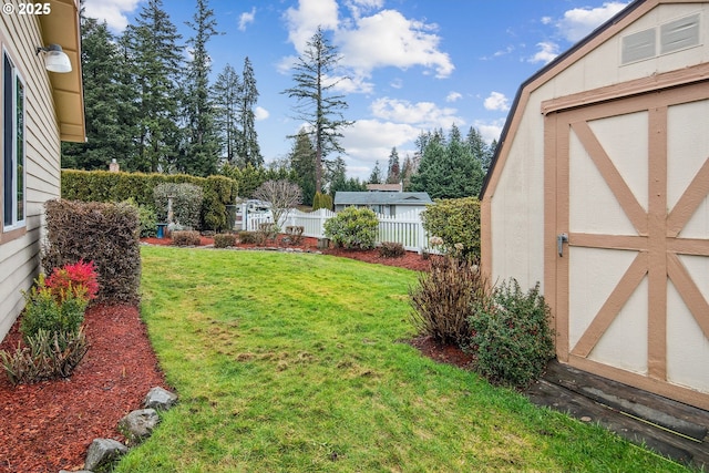 view of yard with a storage shed