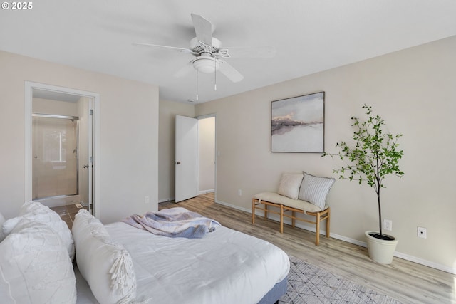 17848 SW Eldred Ln, Sherwood, OR 97140 - bedroom with light wood finished floors, baseboards, connected bathroom, and a ceiling fan