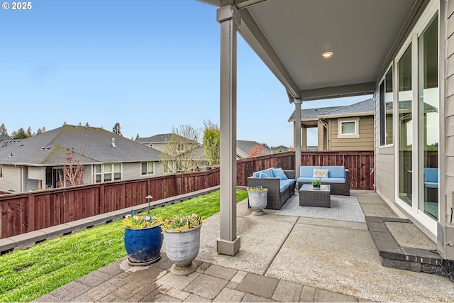 4747 S 17th Dr, Ridgefield, WA 98642 - view of patio / terrace featuring an outdoor living space, a fenced backyard, and a residential view