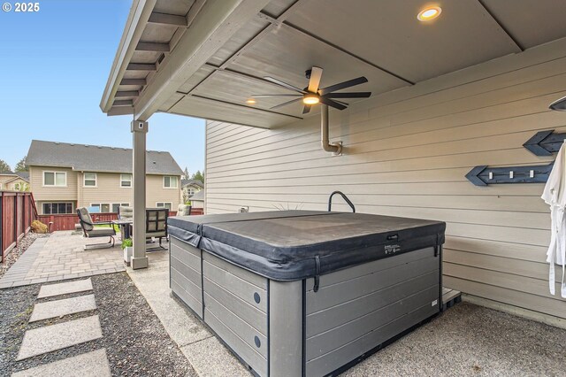 4747 S 17th Dr, Ridgefield, WA 98642 - view of patio with fence, a ceiling fan, and a hot tub