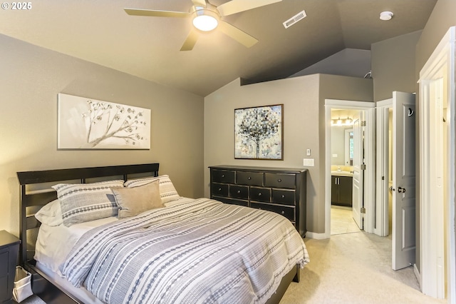 9480 SW 153rd Ave, Beaverton, OR 97007 - bedroom featuring vaulted ceiling, light colored carpet, ensuite bath, a sink, and ceiling fan