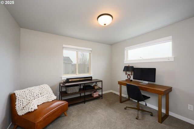 carpeted home office with baseboards