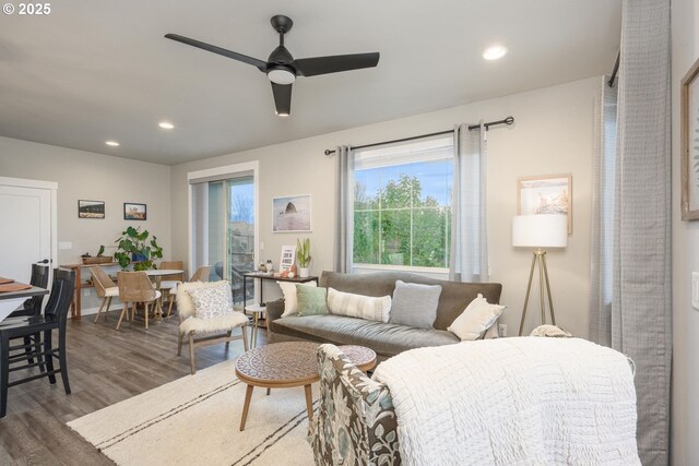living room with ceiling fan, recessed lighting, and dark wood-type flooring