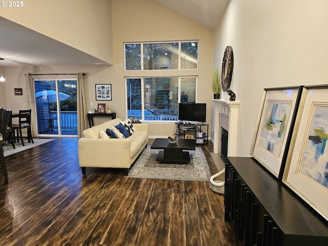living room with dark wood finished floors, a fireplace, and high vaulted ceiling