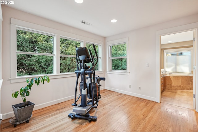 workout room with a healthy amount of sunlight and light hardwood / wood-style floors