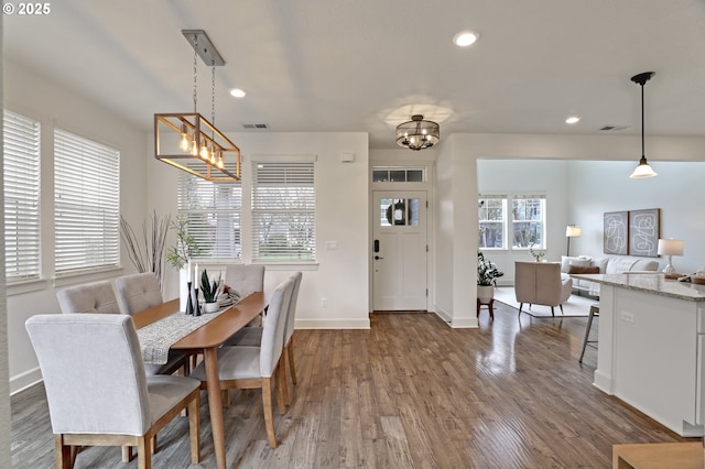 5316 SE Lone Oak St, Hillsboro, OR 97123 - dining area with visible vents, baseboards, a notable chandelier, recessed lighting, and wood finished floors